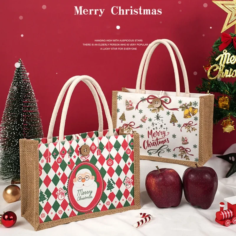 Christmas Linen Tote Bag – Santa Claus Print | Shop Now